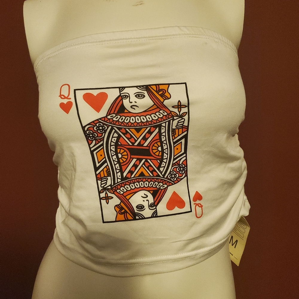 White Queen of Hearts Printed Strapless Crop Top